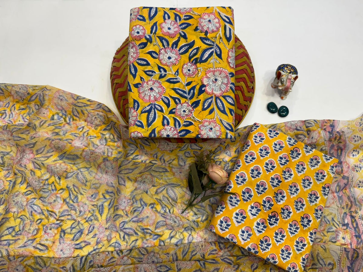 Hand Block Bagru and Sanganeri Printed Cotton 3PC Unstiched Suit With Chiffon Dupatta