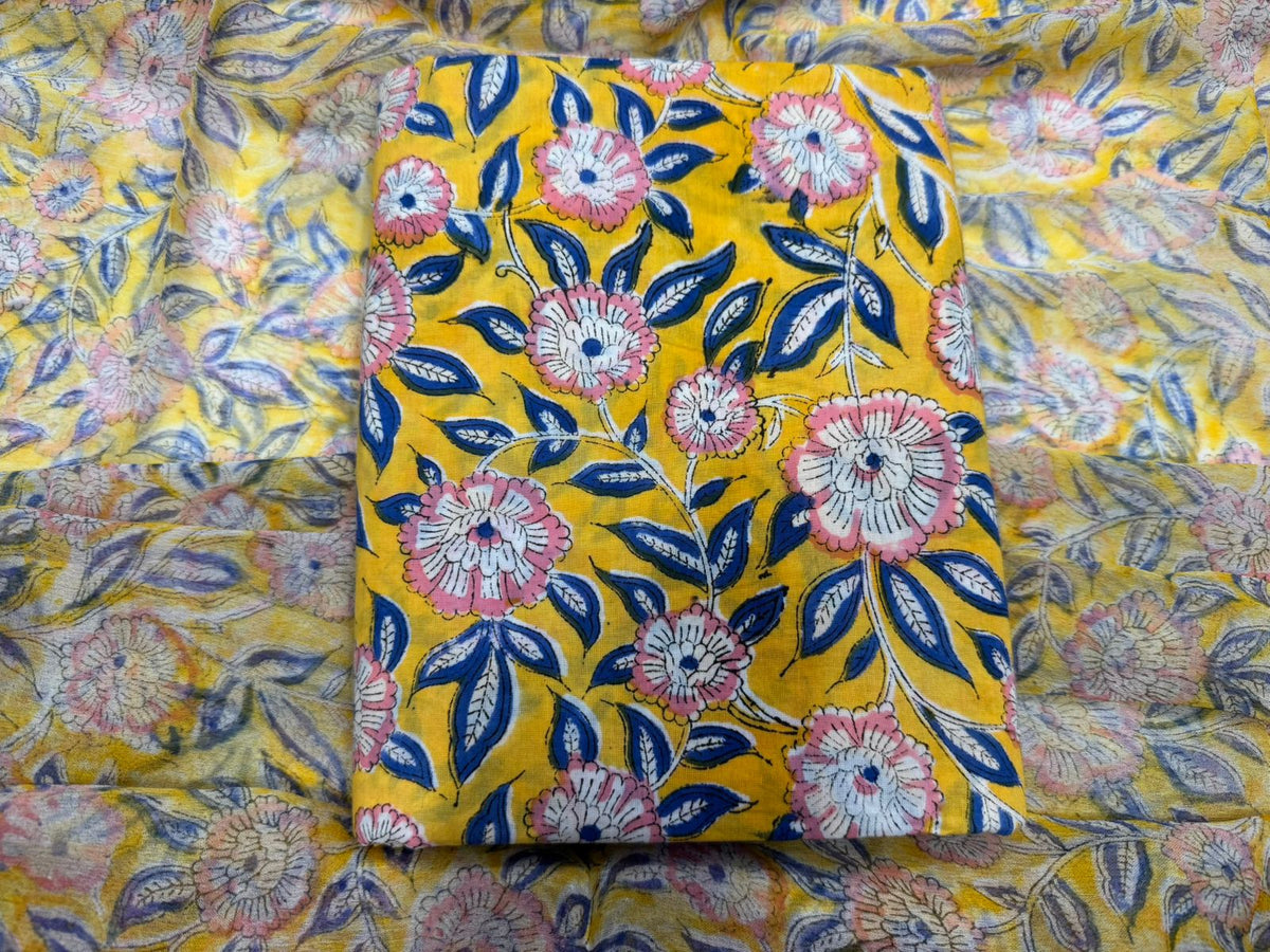Hand Block Bagru and Sanganeri Printed Cotton 3PC Unstiched Suit With Chiffon Dupatta