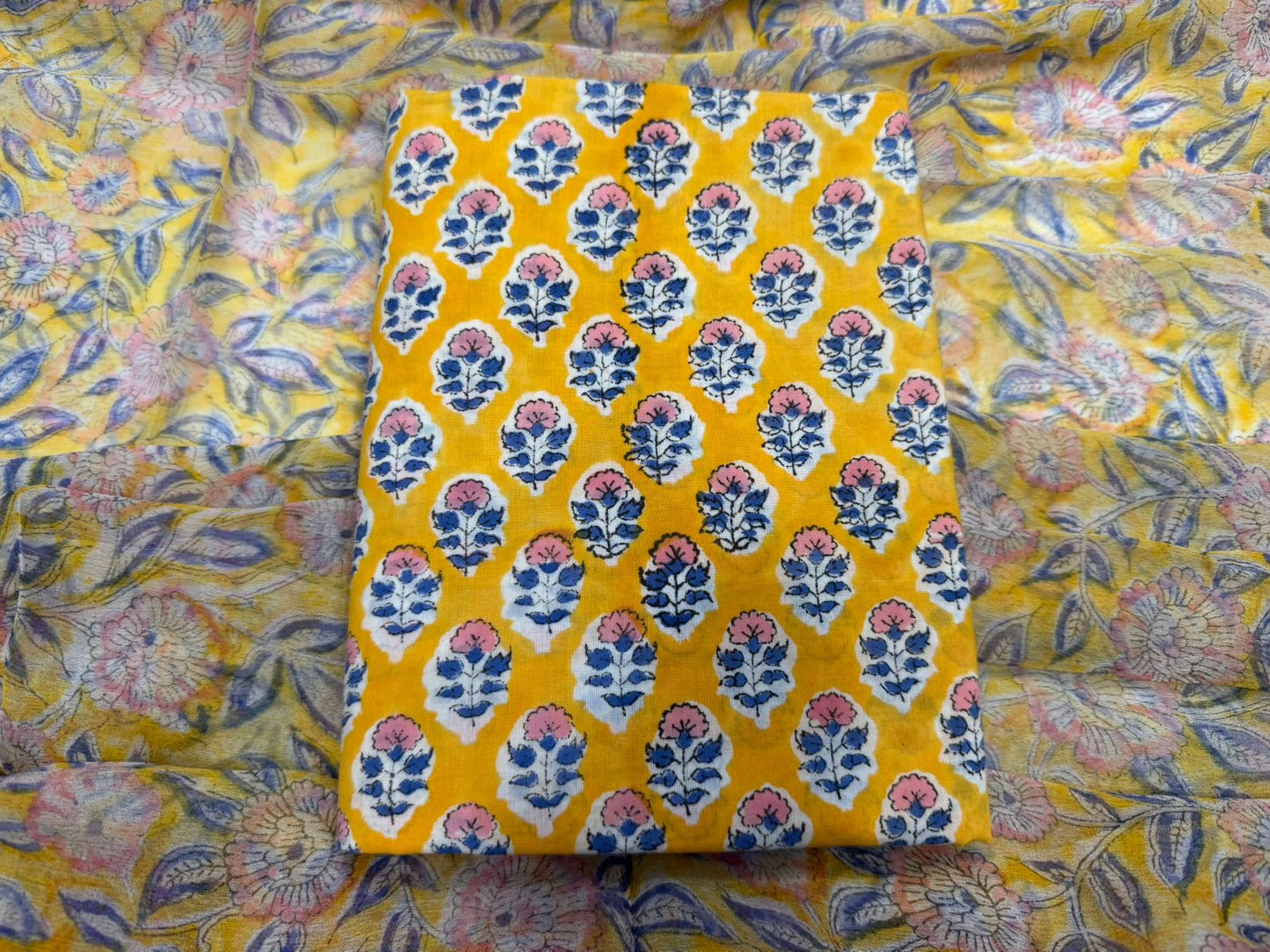 Hand Block Bagru and Sanganeri Printed Cotton 3PC Unstiched Suit With Chiffon Dupatta
