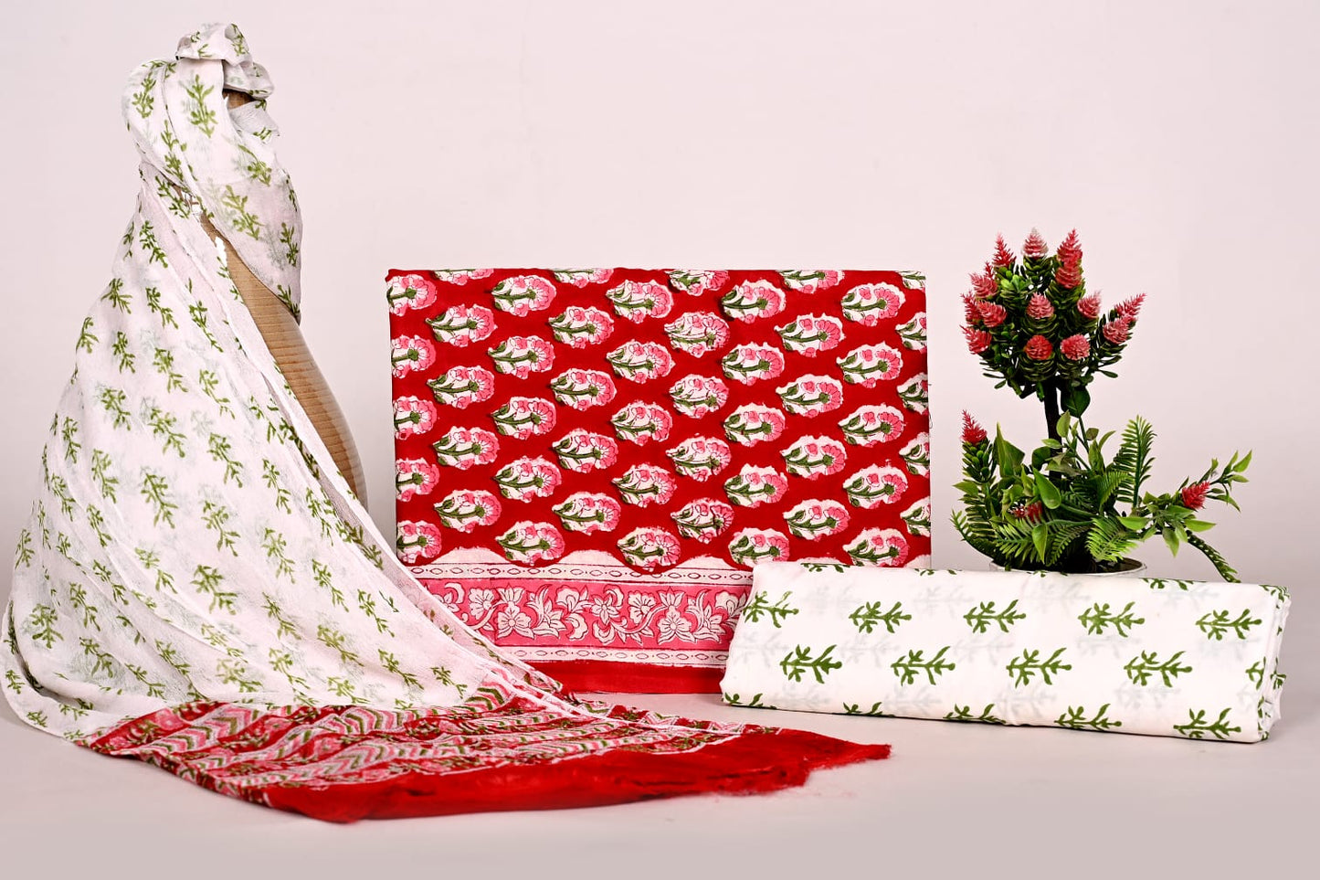 Hand Block Bagru and Sanganeri Printed Cotton 3PC Unstiched Suit With Chiffon Dupatta