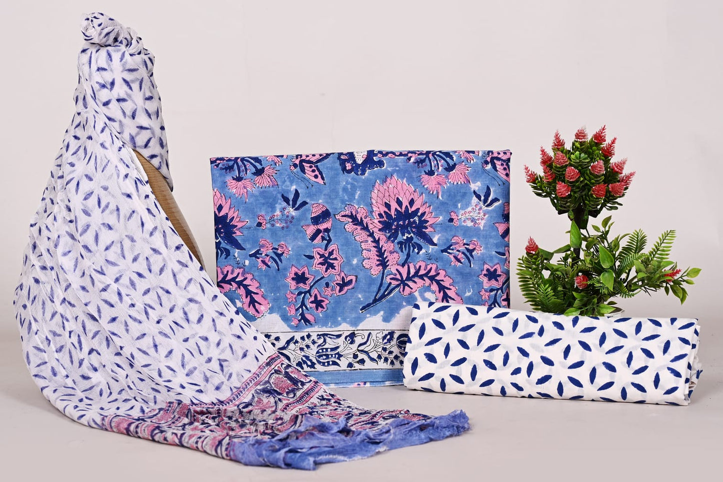 Hand Block Bagru and Sanganeri Printed Cotton 3PC Unstiched Suit With Chiffon Dupatta