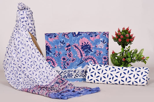 Hand Block Bagru and Sanganeri Printed Cotton 3PC Unstiched Suit With Chiffon Dupatta