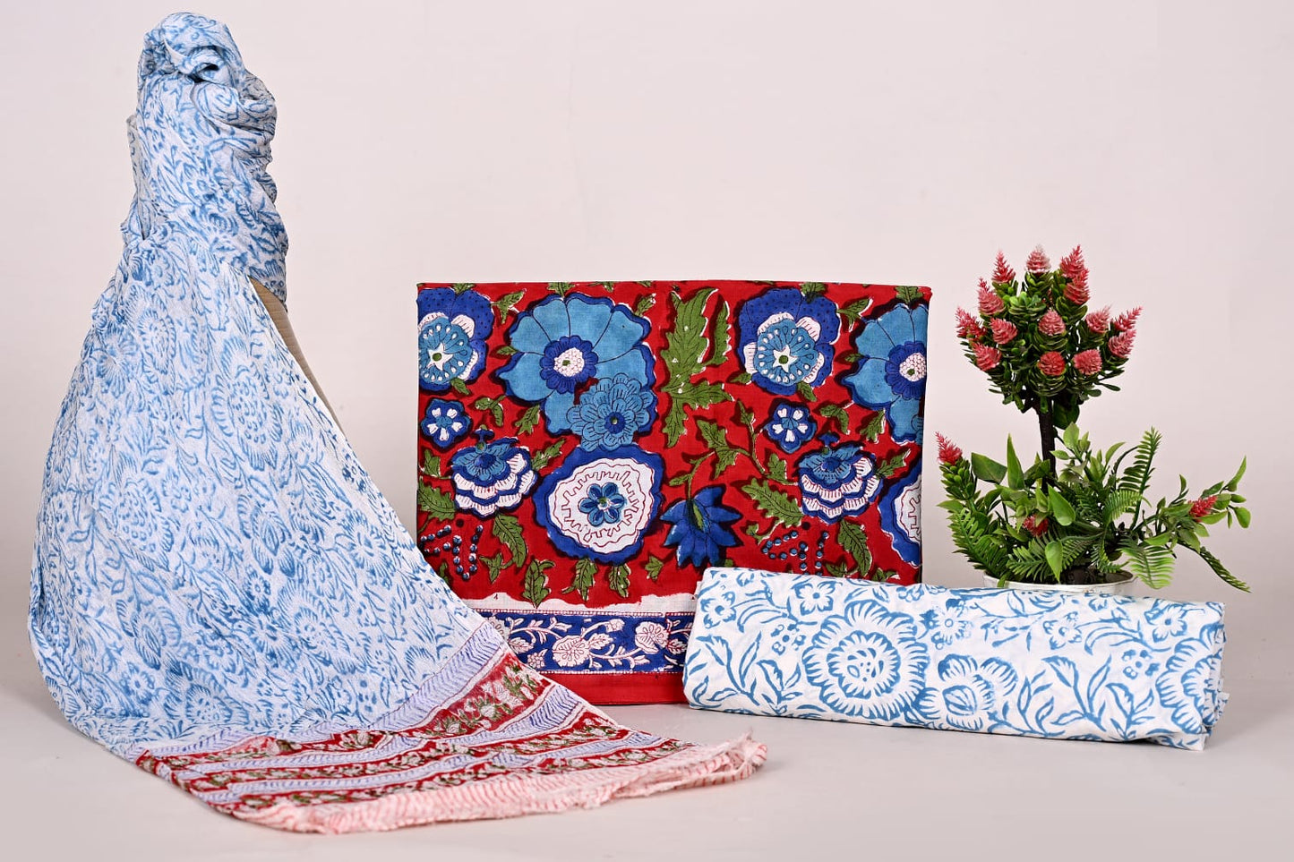 Hand Block Bagru and Sanganeri Printed Cotton 3PC Unstiched Suit With Chiffon Dupatta