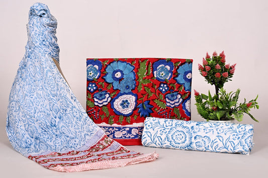 Hand Block Bagru and Sanganeri Printed Cotton 3PC Unstiched Suit With Chiffon Dupatta