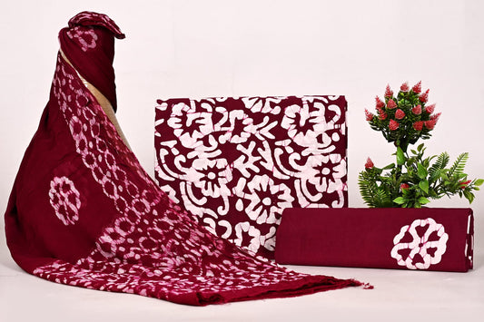 Hand Block Bagru and Sanganeri Printed Cotton 3PC Unstiched Suit With Chiffon Dupatta