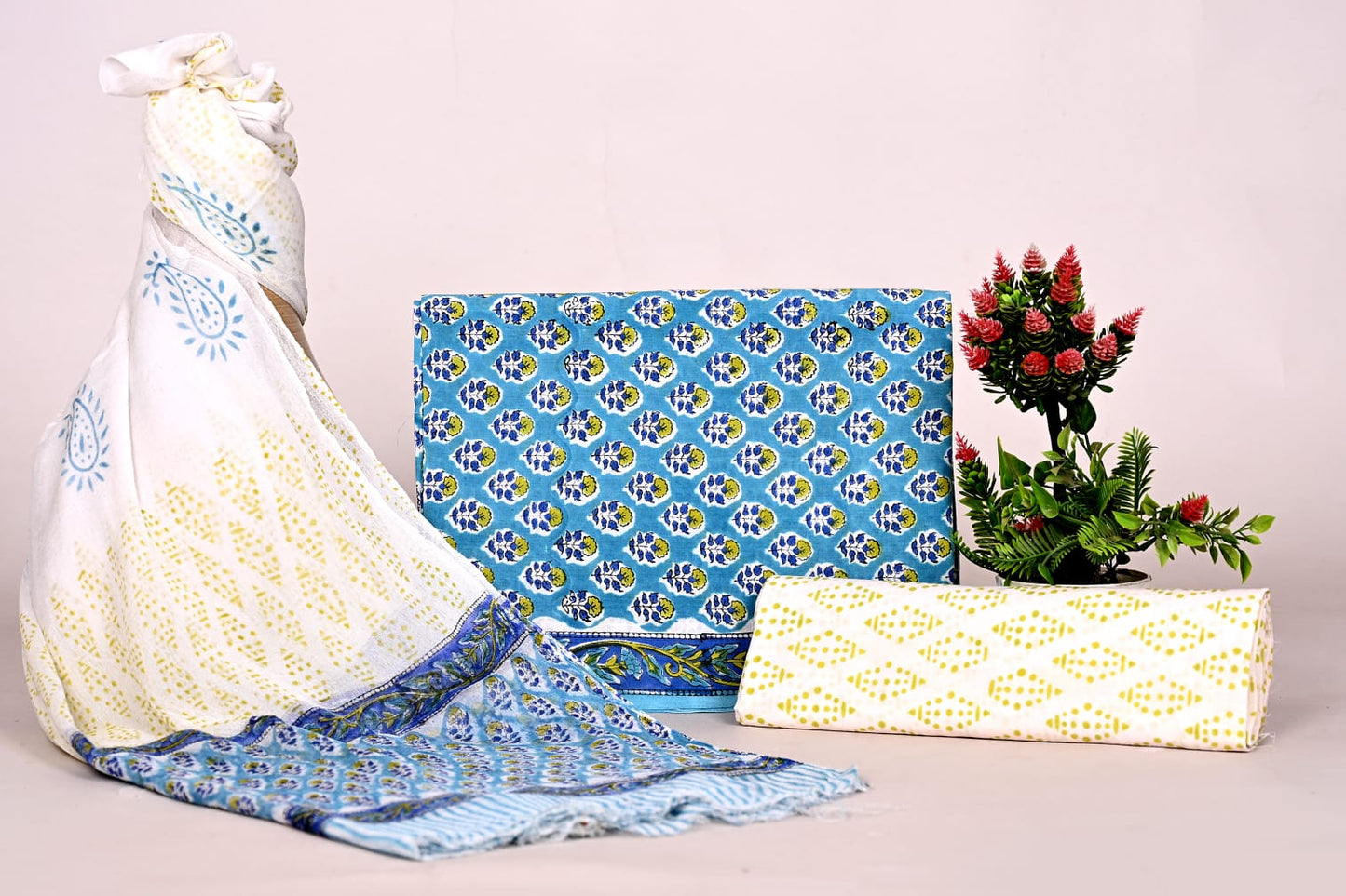 Hand Block Bagru and Sanganeri Printed Cotton 3PC Unstiched Suit With Chiffon Dupatta