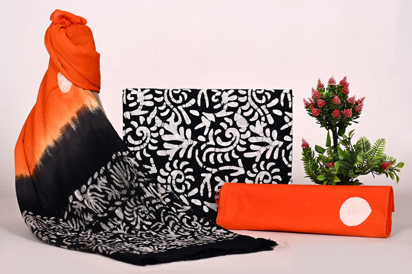 Hand Block Bagru and Sanganeri Printed Cotton 3PC Unstiched Suit With Chiffon Dupatta