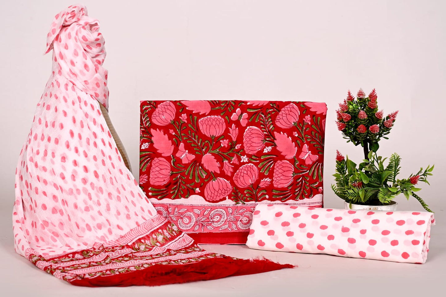 Hand Block Bagru and Sanganeri Printed Cotton 3PC Unstiched Suit With Chiffon Dupatta