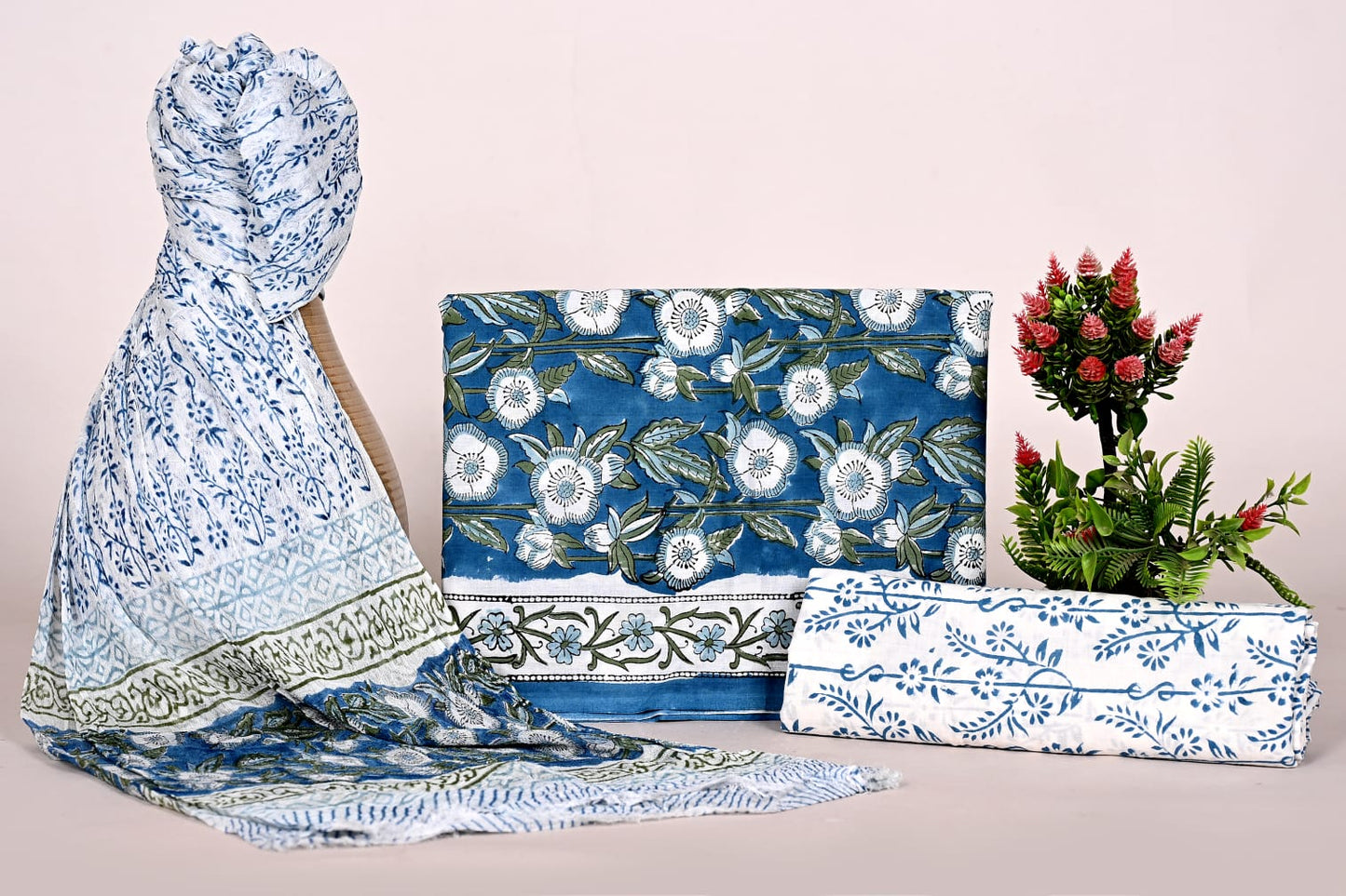 Hand Block Bagru and Sanganeri Printed Cotton 3PC Unstiched Suit With Chiffon Dupatta