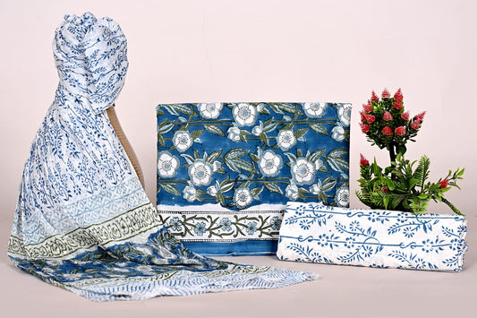 Hand Block Bagru and Sanganeri Printed Cotton 3PC Unstiched Suit With Chiffon Dupatta