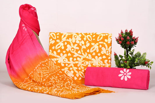 Hand Block Bagru and Sanganeri Printed Cotton 3PC Unstiched Suit With Chiffon Dupatta