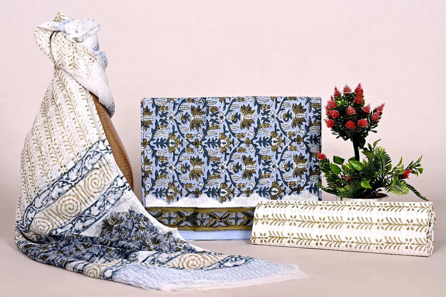 Hand Block Bagru and Sanganeri Printed Cotton 3PC Unstiched Suit With Chiffon Dupatta