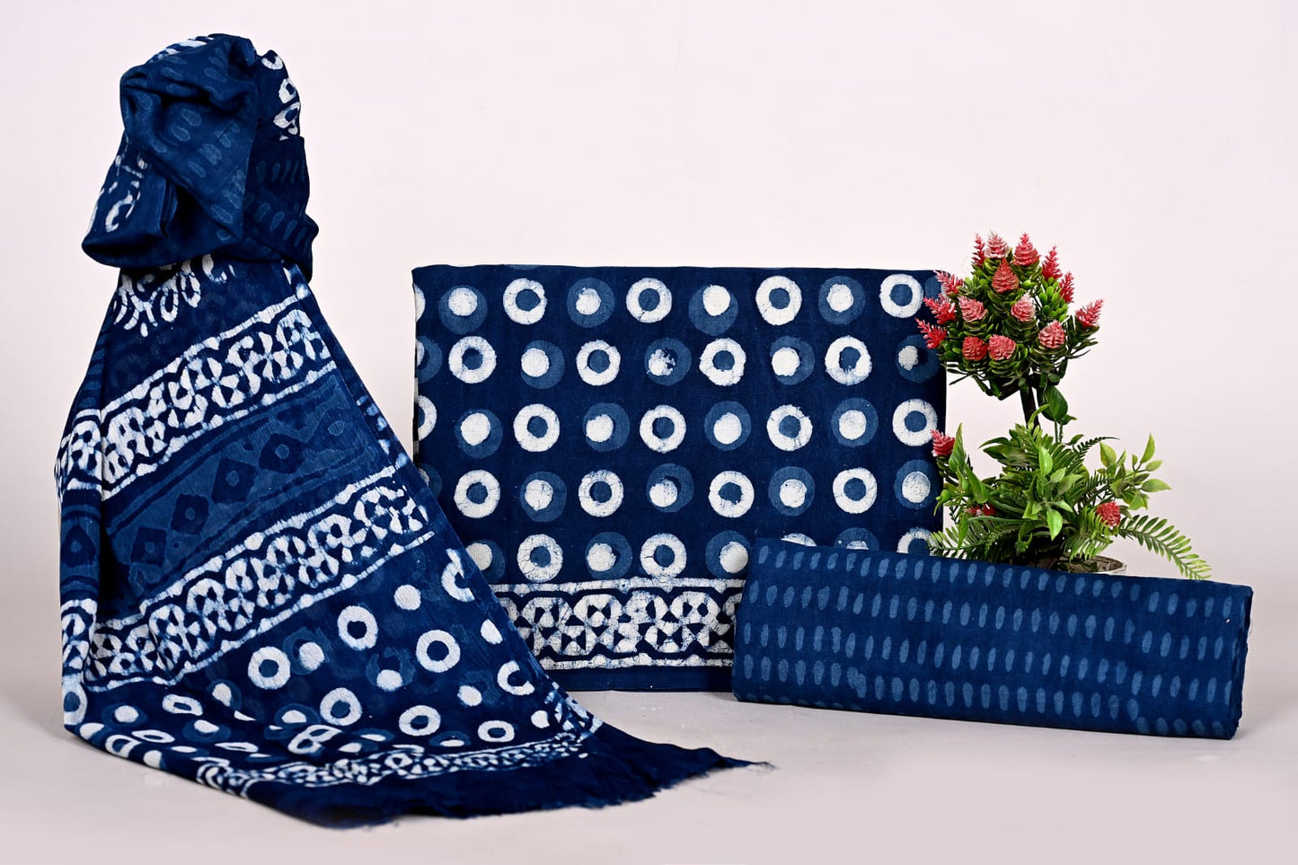 Hand Block Bagru and Sanganeri Printed Cotton 3PC Unstiched Suit With Chiffon Dupatta