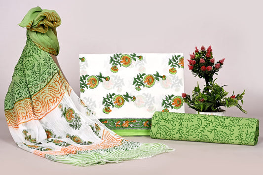 Hand Block Bagru and Sanganeri Printed Cotton 3PC Unstiched Suit With Chiffon Dupatta