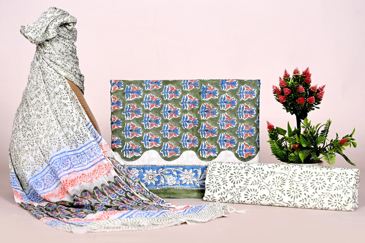 Hand Block Bagru and Sanganeri Printed Cotton 3PC Unstiched Suit With Chiffon Dupatta