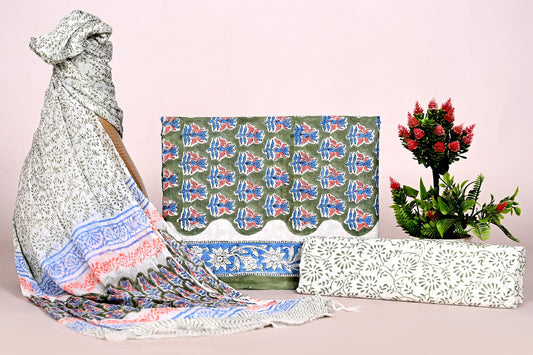 Hand Block Bagru and Sanganeri Printed Cotton 3PC Unstiched Suit With Chiffon Dupatta
