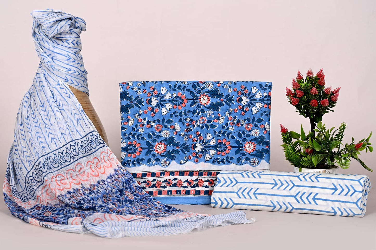 Hand Block Bagru and Sanganeri Printed Cotton 3PC Unstiched Suit With Chiffon Dupatta