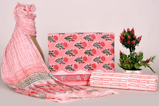 Hand Block Bagru and Sanganeri Printed Cotton 3PC Unstiched Suit With Chiffon Dupatta