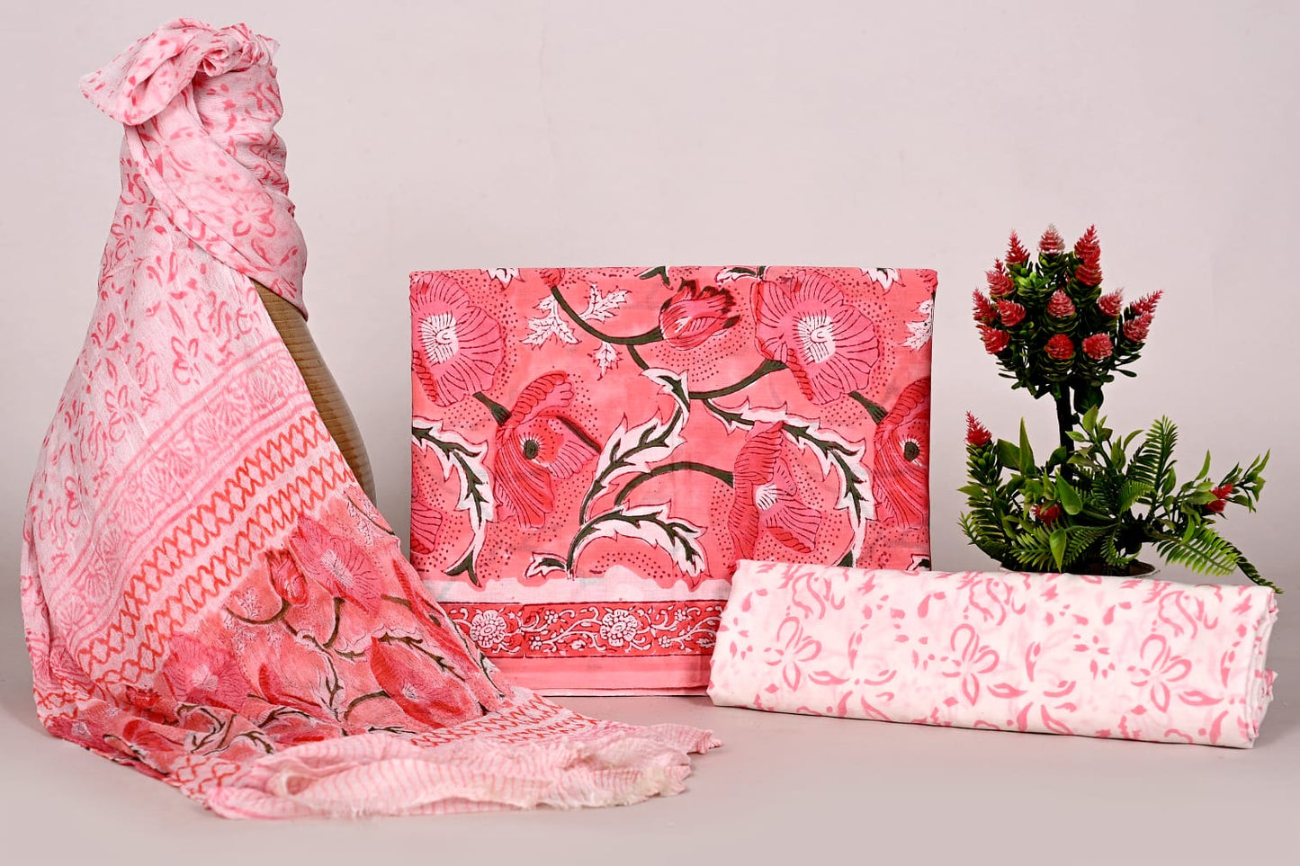 Hand Block Bagru and Sanganeri Printed Cotton 3PC Unstiched Suit With Chiffon Dupatta