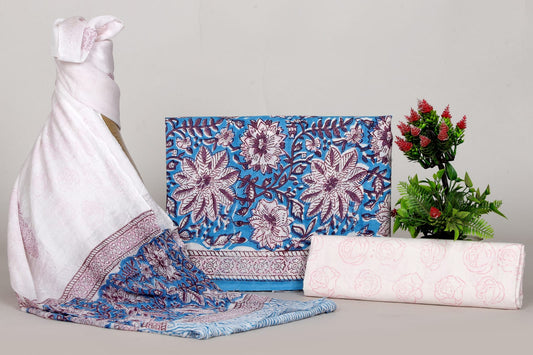 Hand Block Bagru and Sanganeri Printed Cotton 3PC Unstiched Suit With Chiffon Dupatta