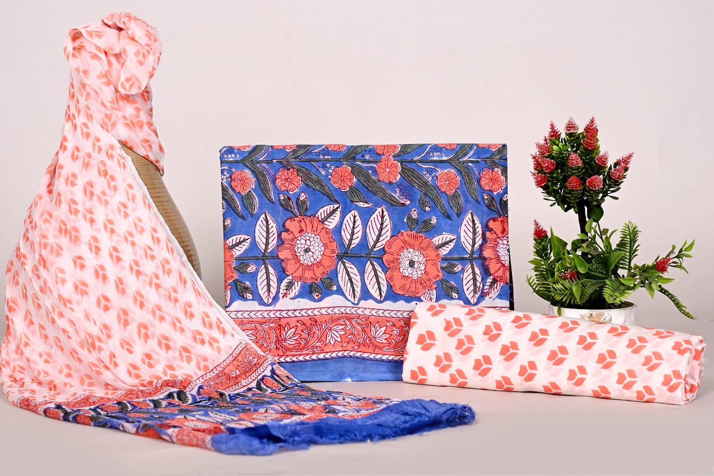 Hand Block Bagru and Sanganeri Printed Cotton 3PC Unstiched Suit With Chiffon Dupatta