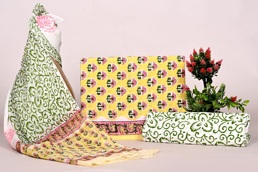Hand Block Bagru and Sanganeri Printed Cotton 3PC Unstiched Suit With Chiffon Dupatta