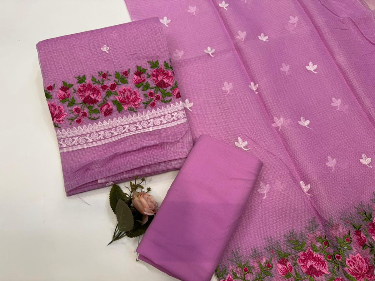 Hand Block Bagru and Sanganeri Printed Embroidred Kota Doriya 3PC Unstiched Suit With Embroidred Kota Doriya Dupatta