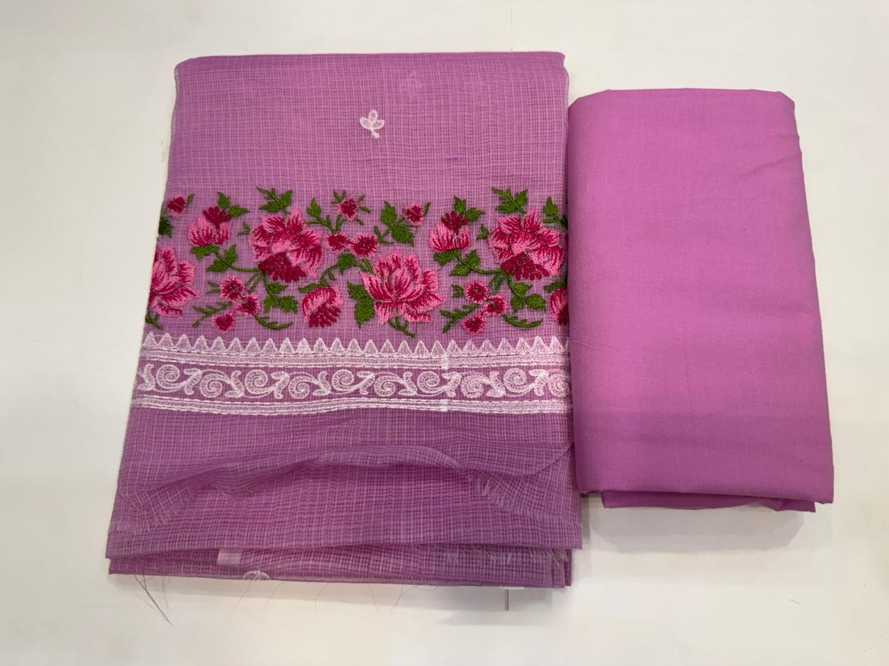 Hand Block Bagru and Sanganeri Printed Embroidred Kota Doriya 3PC Unstiched Suit With Embroidred Kota Doriya Dupatta