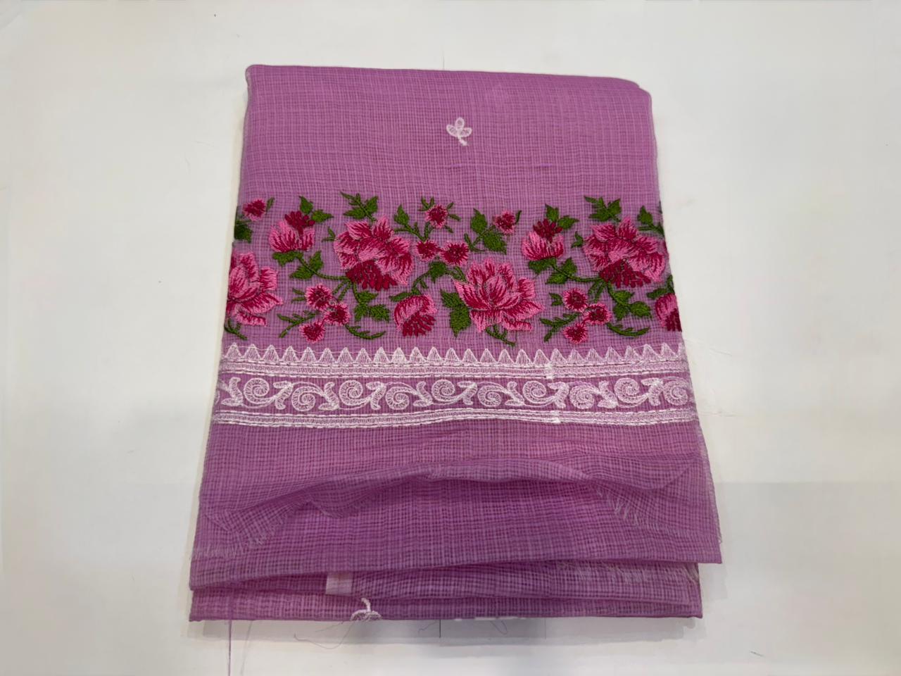 Hand Block Bagru and Sanganeri Printed Embroidred Kota Doriya 3PC Unstiched Suit With Embroidred Kota Doriya Dupatta