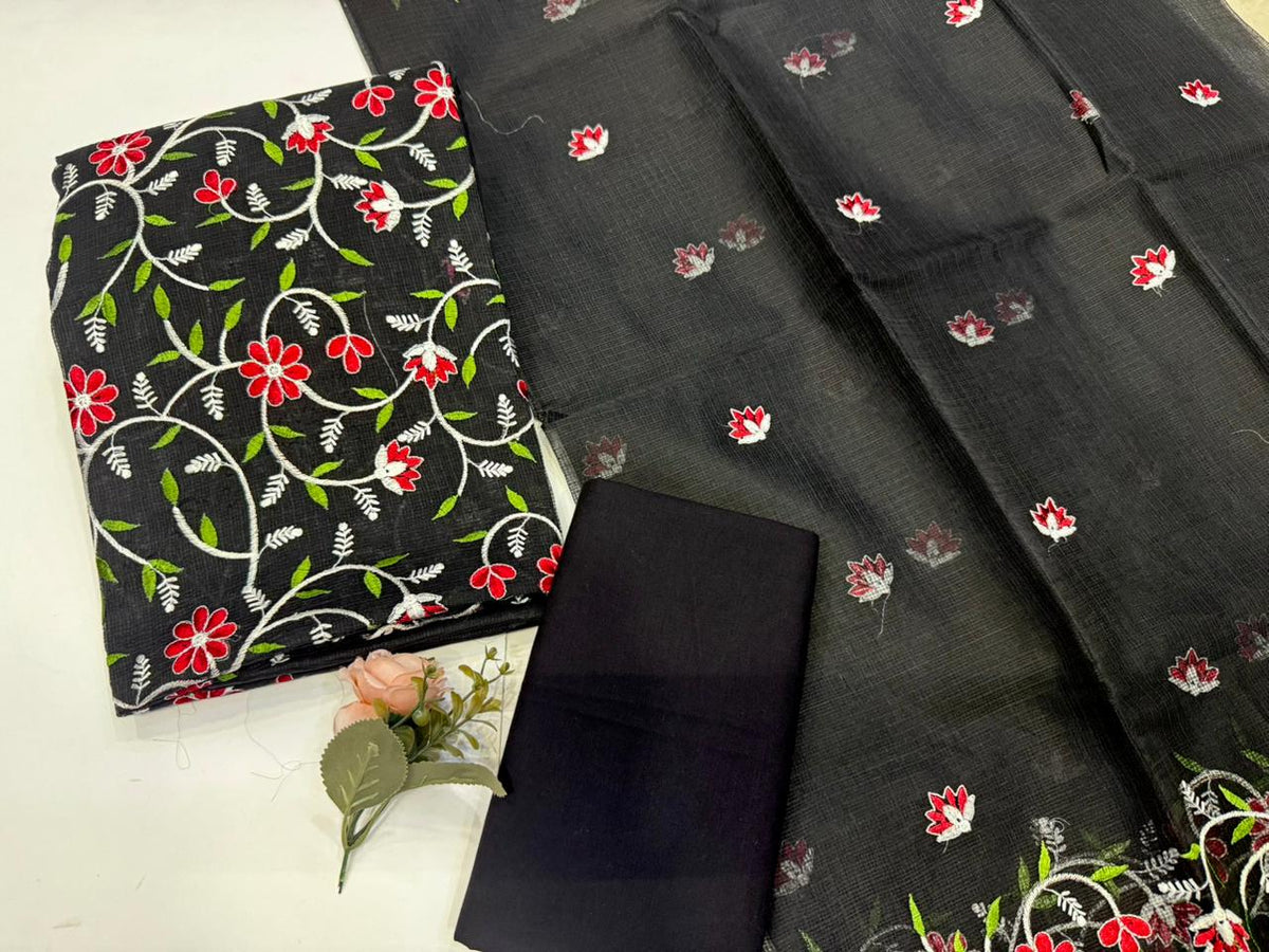 Hand Block Bagru and Sanganeri Printed Embroidred Kota Doriya 3PC Unstiched Suit With Embroidred Kota Doriya Dupatta