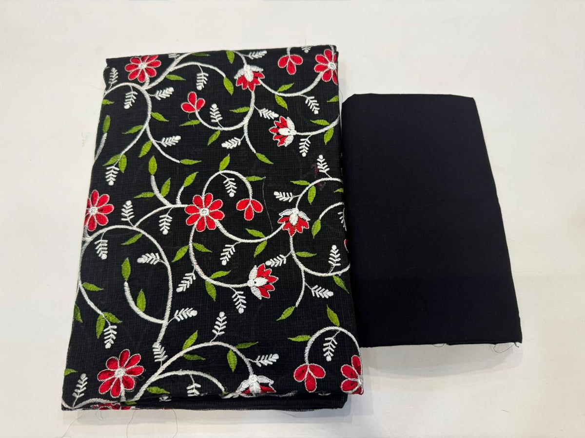 Hand Block Bagru and Sanganeri Printed Embroidred Kota Doriya 3PC Unstiched Suit With Embroidred Kota Doriya Dupatta