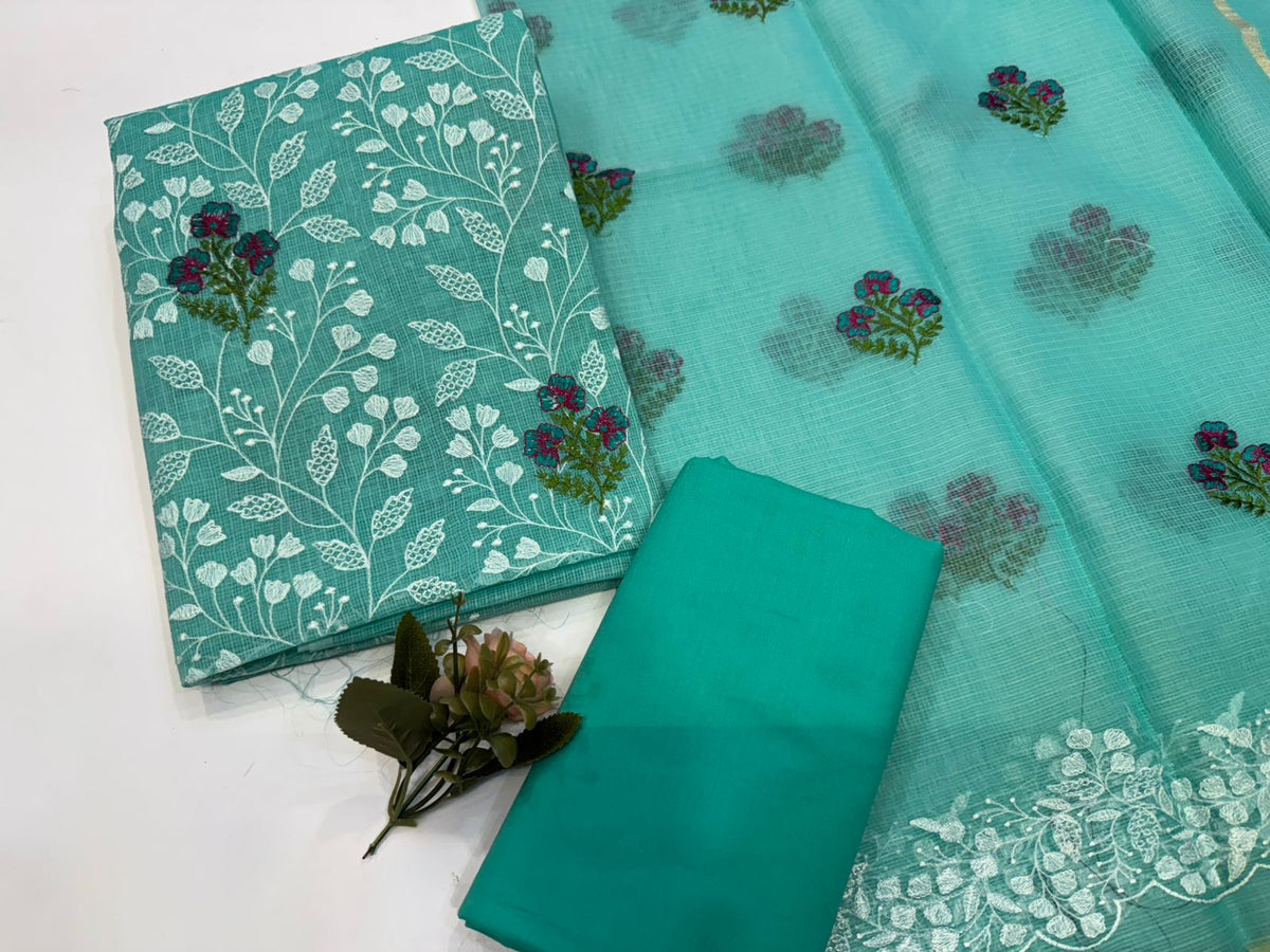 Hand Block Bagru and Sanganeri Printed Embroidred Kota Doriya 3PC Unstiched Suit With Embroidred Kota Doriya Dupatta