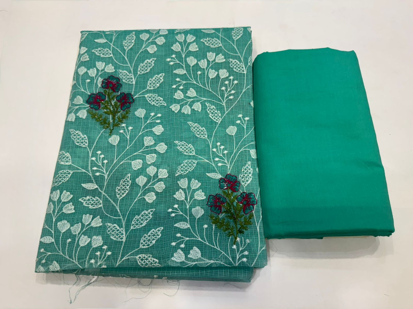 Hand Block Bagru and Sanganeri Printed Embroidred Kota Doriya 3PC Unstiched Suit With Embroidred Kota Doriya Dupatta