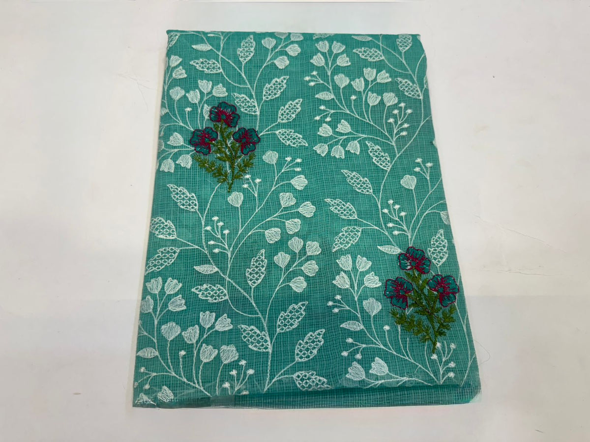 Hand Block Bagru and Sanganeri Printed Embroidred Kota Doriya 3PC Unstiched Suit With Embroidred Kota Doriya Dupatta