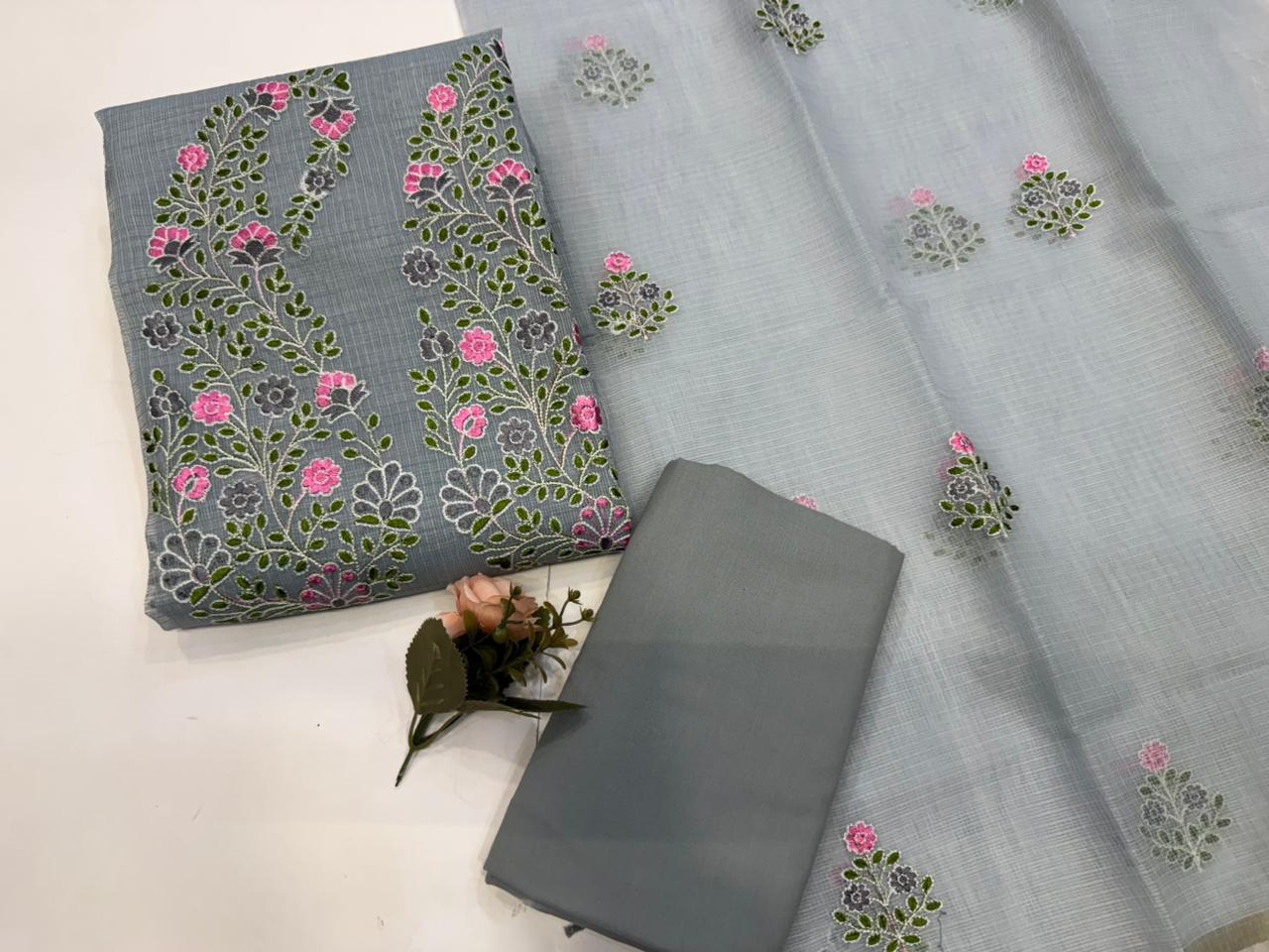 Hand Block Bagru and Sanganeri Printed Embroidred Kota Doriya 3PC Unstiched Suit With Embroidred Kota Doriya Dupatta