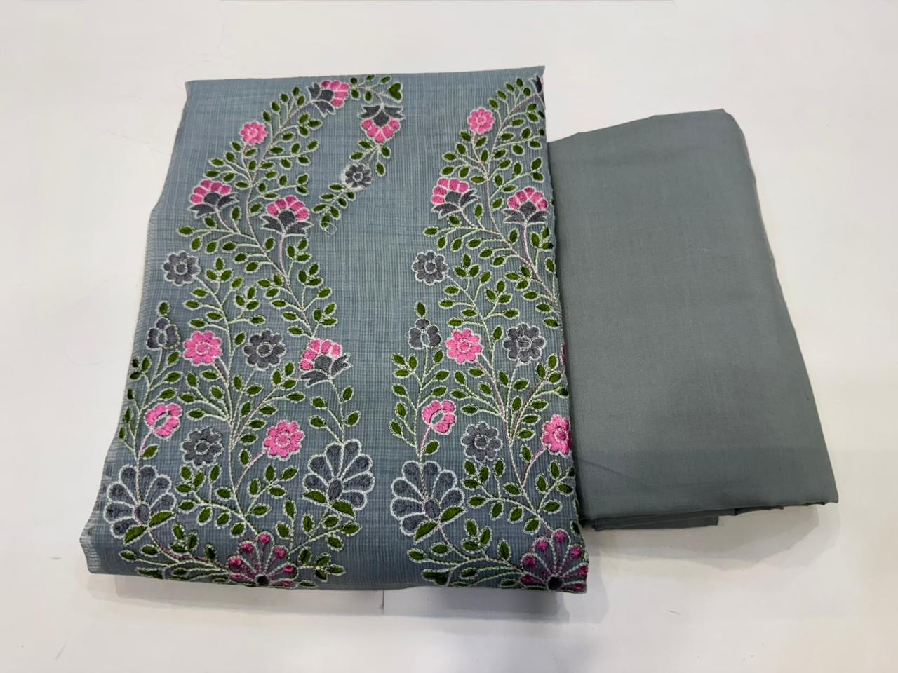 Hand Block Bagru and Sanganeri Printed Embroidred Kota Doriya 3PC Unstiched Suit With Embroidred Kota Doriya Dupatta