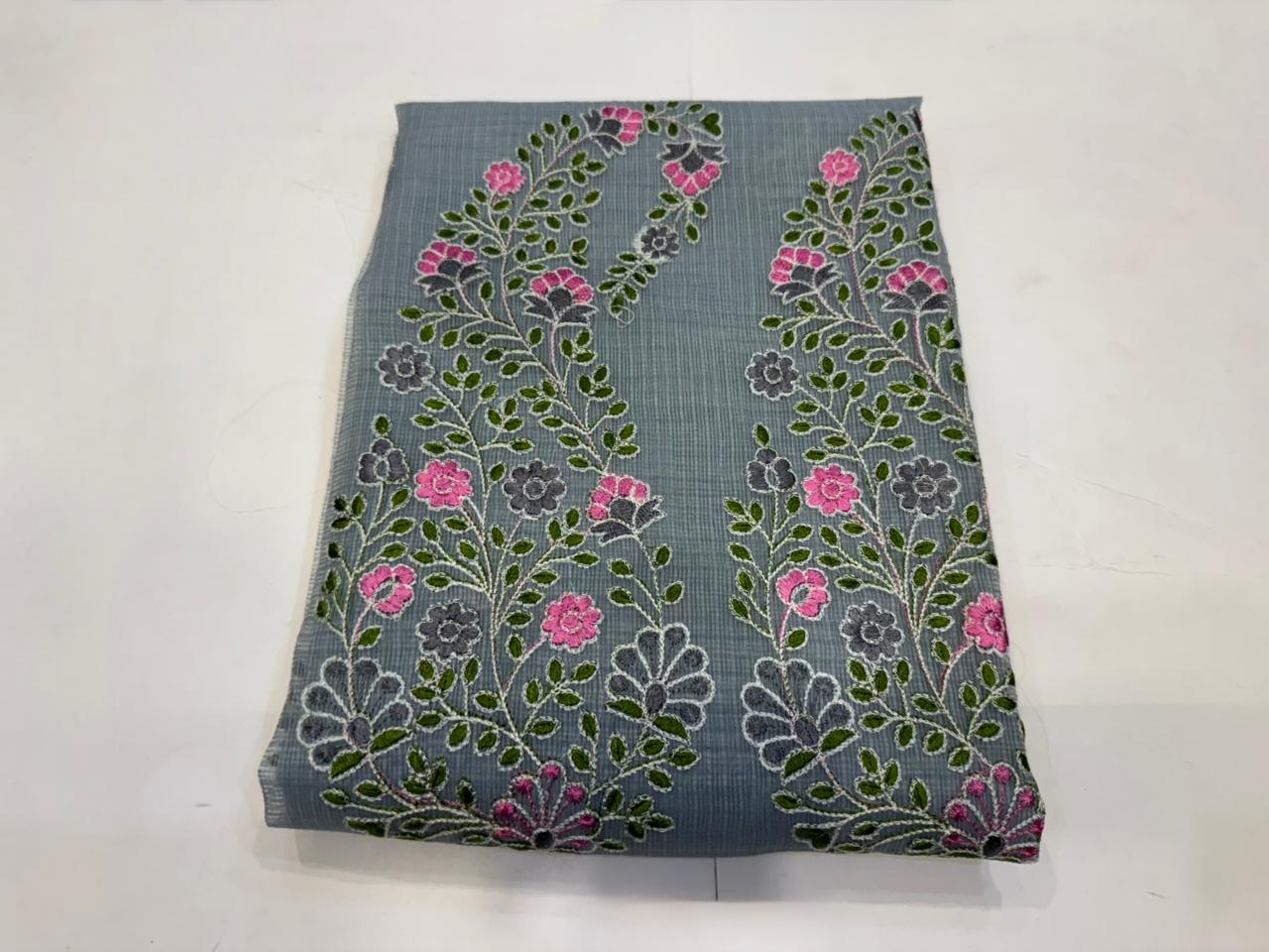 Hand Block Bagru and Sanganeri Printed Embroidred Kota Doriya 3PC Unstiched Suit With Embroidred Kota Doriya Dupatta