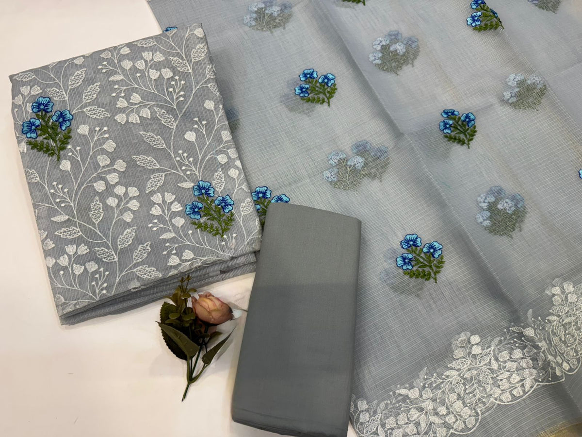 Hand Block Bagru and Sanganeri Printed Embroidred Kota Doriya 3PC Unstiched Suit With Embroidred Kota Doriya Dupatta