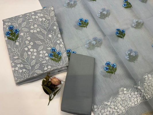 Hand Block Bagru and Sanganeri Printed Embroidred Kota Doriya 3PC Unstiched Suit With Embroidred Kota Doriya Dupatta