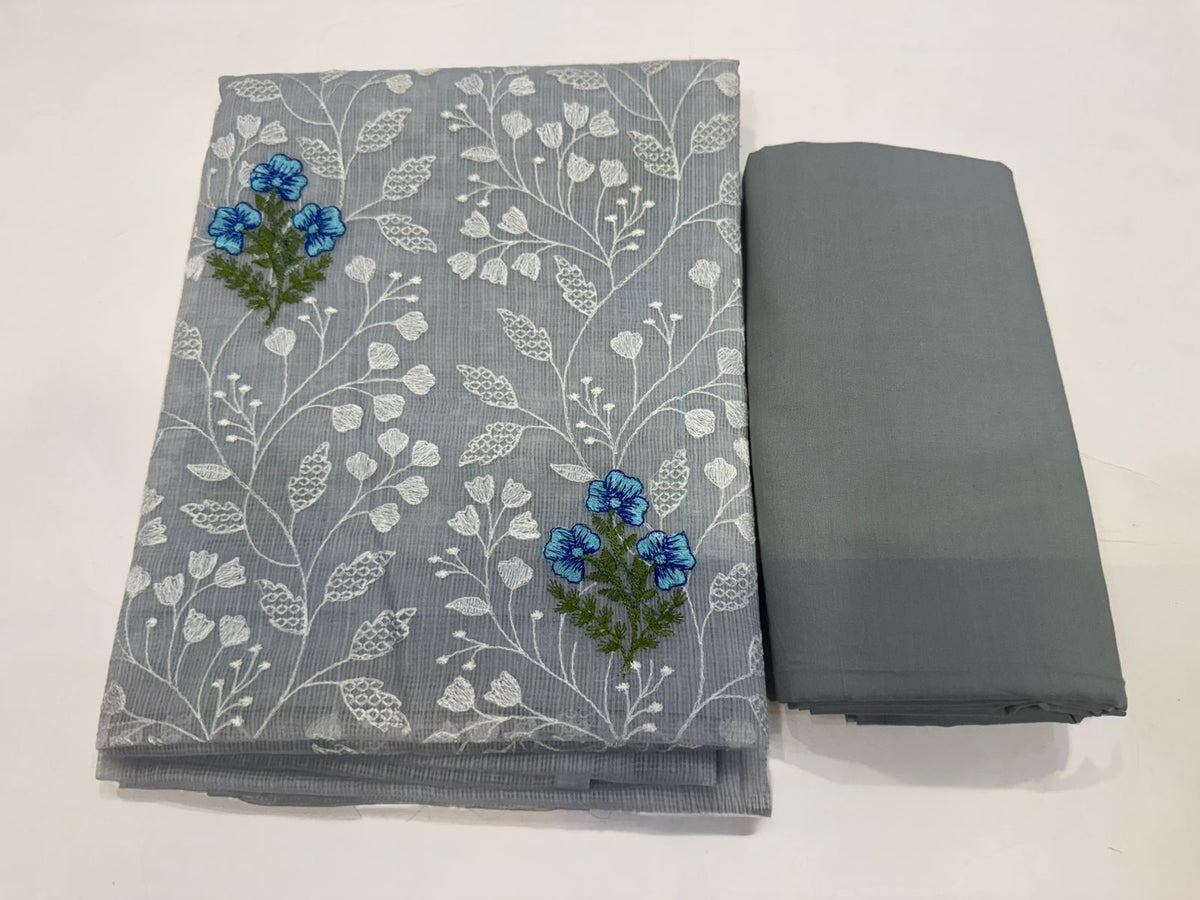 Hand Block Bagru and Sanganeri Printed Embroidred Kota Doriya 3PC Unstiched Suit With Embroidred Kota Doriya Dupatta
