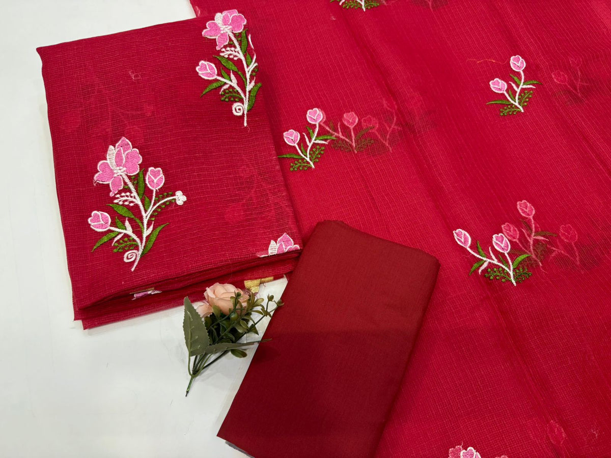 Hand Block Bagru and Sanganeri Printed Embroidred Kota Doriya 3PC Unstiched Suit With Embroidred Kota Doriya Dupatta