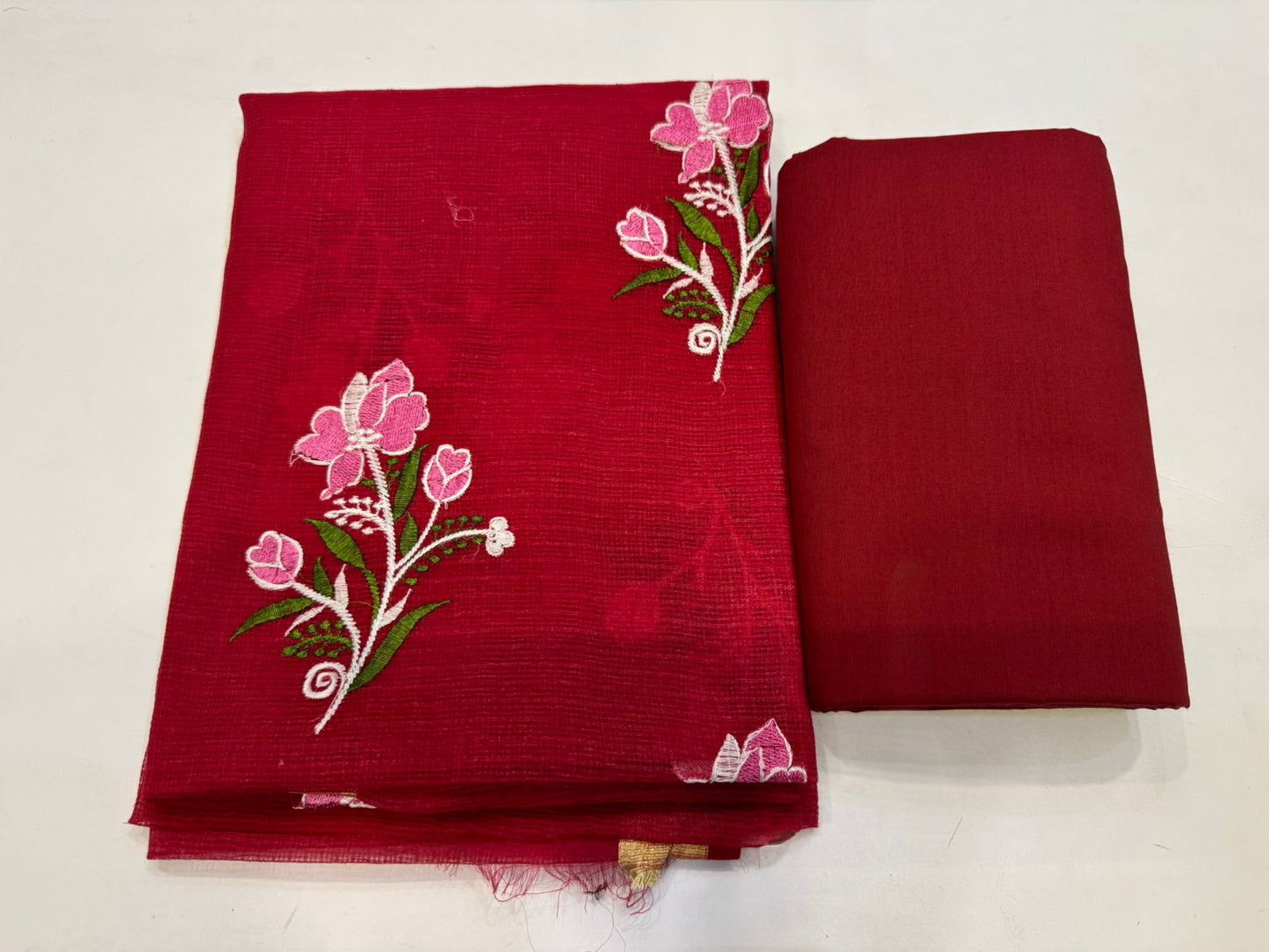 Hand Block Bagru and Sanganeri Printed Embroidred Kota Doriya 3PC Unstiched Suit With Embroidred Kota Doriya Dupatta