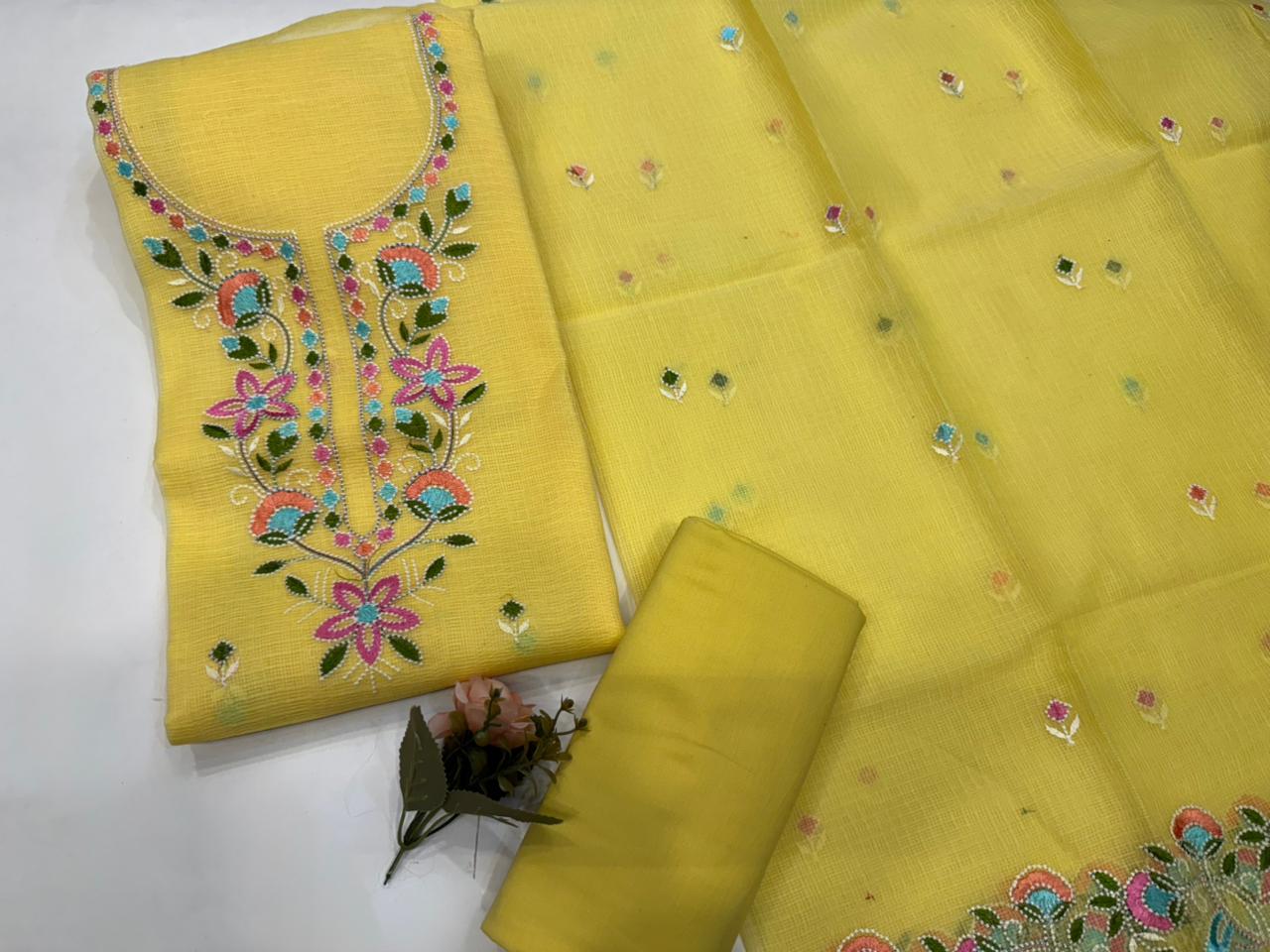 Hand Block Bagru and Sanganeri Printed Embroidred Kota Doriya 3PC Unstiched Suit With Embroidred Kota Doriya Dupatta