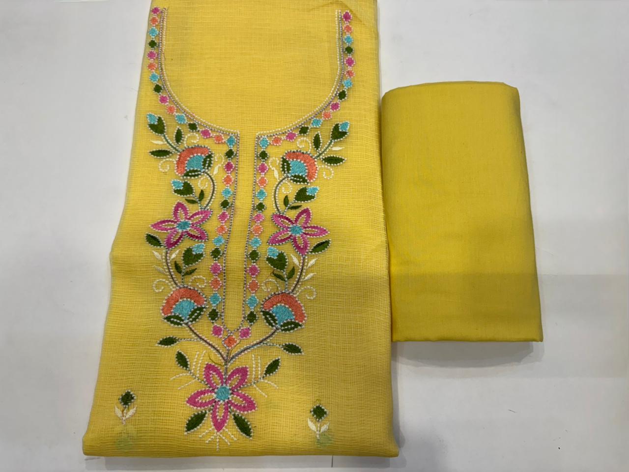 Hand Block Bagru and Sanganeri Printed Embroidred Kota Doriya 3PC Unstiched Suit With Embroidred Kota Doriya Dupatta