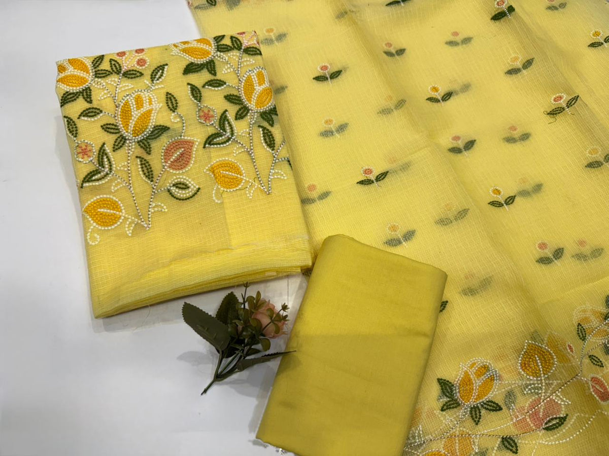 Hand Block Bagru and Sanganeri Printed Embroidred Kota Doriya 3PC Unstiched Suit With Embroidred Kota Doriya Dupatta