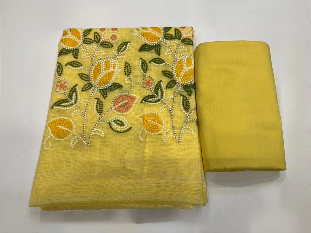 Hand Block Bagru and Sanganeri Printed Embroidred Kota Doriya 3PC Unstiched Suit With Embroidred Kota Doriya Dupatta