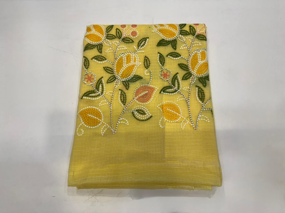 Hand Block Bagru and Sanganeri Printed Embroidred Kota Doriya 3PC Unstiched Suit With Embroidred Kota Doriya Dupatta