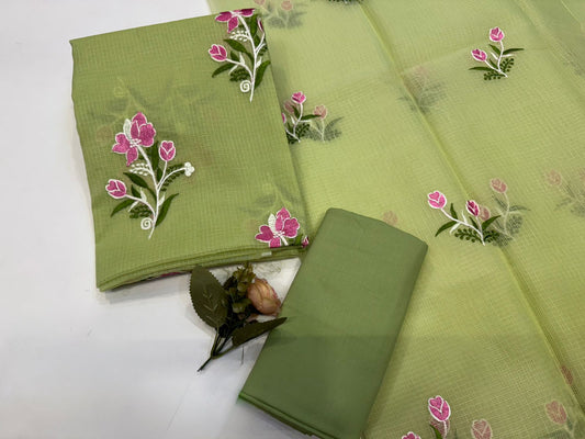 Hand Block Bagru and Sanganeri Printed Embroidred Kota Doriya 3PC Unstiched Suit With Embroidred Kota Doriya Dupatta