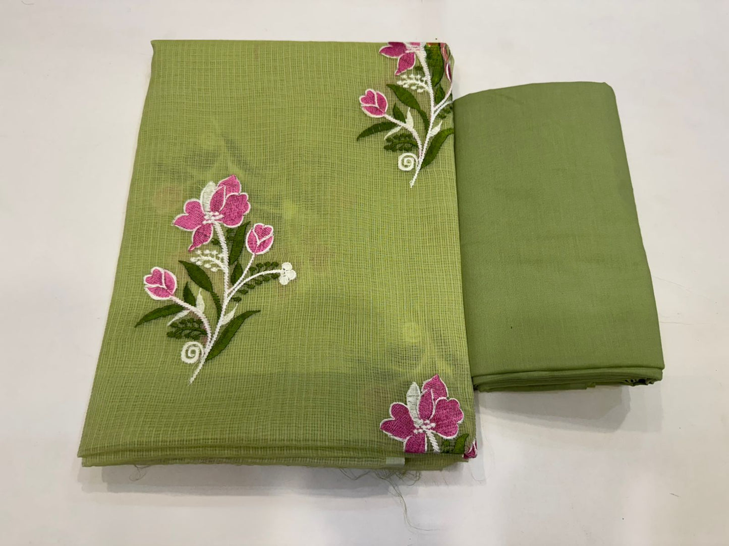 Hand Block Bagru and Sanganeri Printed Embroidred Kota Doriya 3PC Unstiched Suit With Embroidred Kota Doriya Dupatta