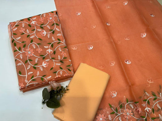 Hand Block Bagru and Sanganeri Printed Embroidred Kota Doriya 3PC Unstiched Suit With Embroidred Kota Doriya Dupatta